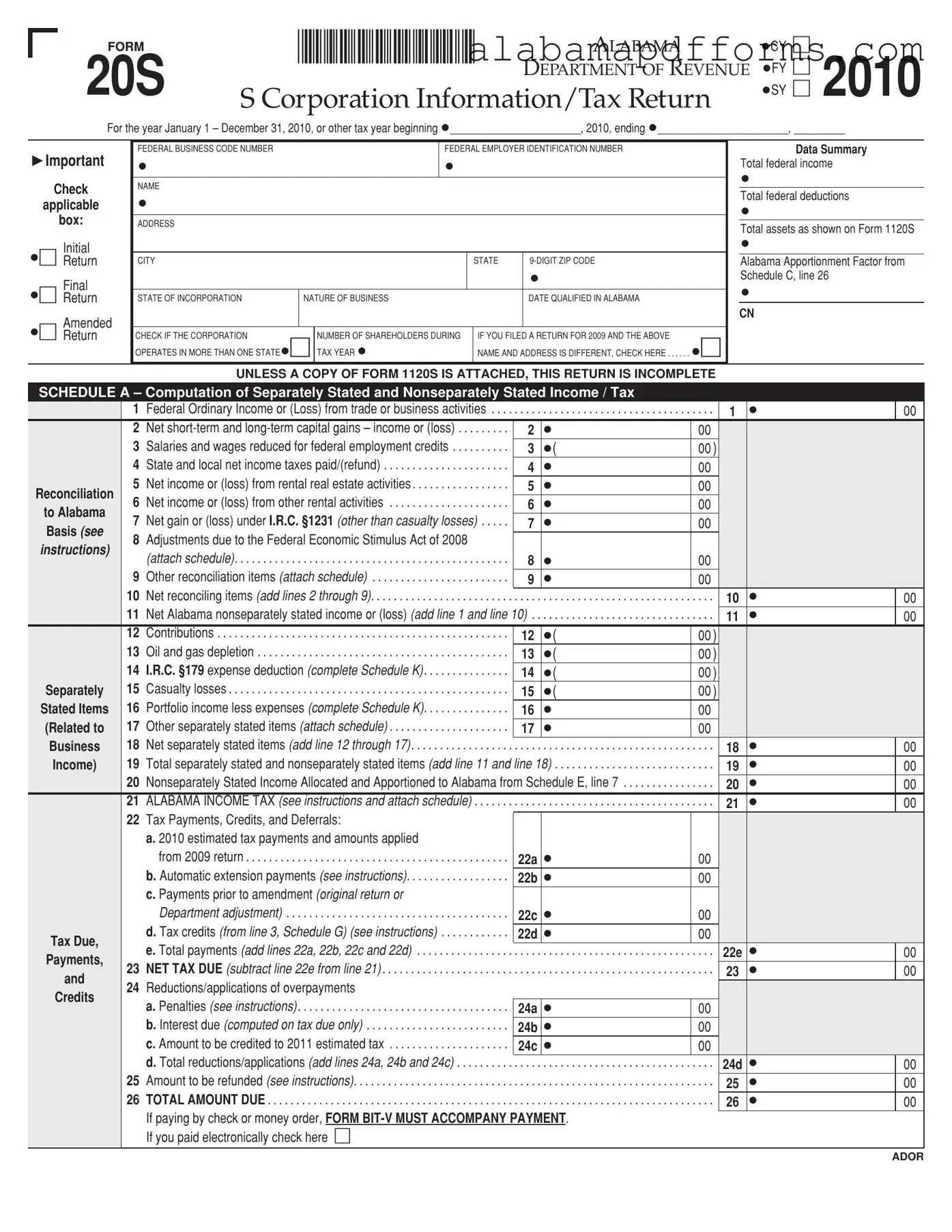 Fill Out a Valid Alabama 20S Form