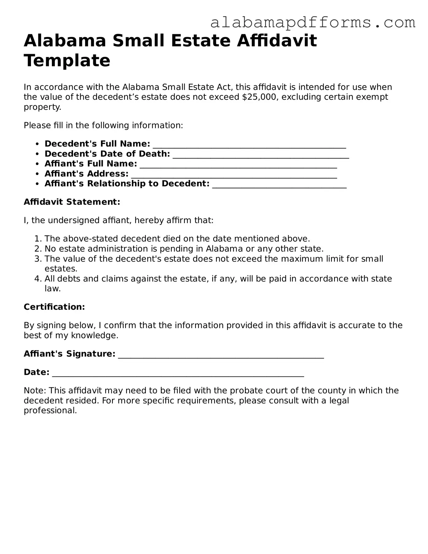 Legal Small Estate Affidavit Document for the State of Alabama
