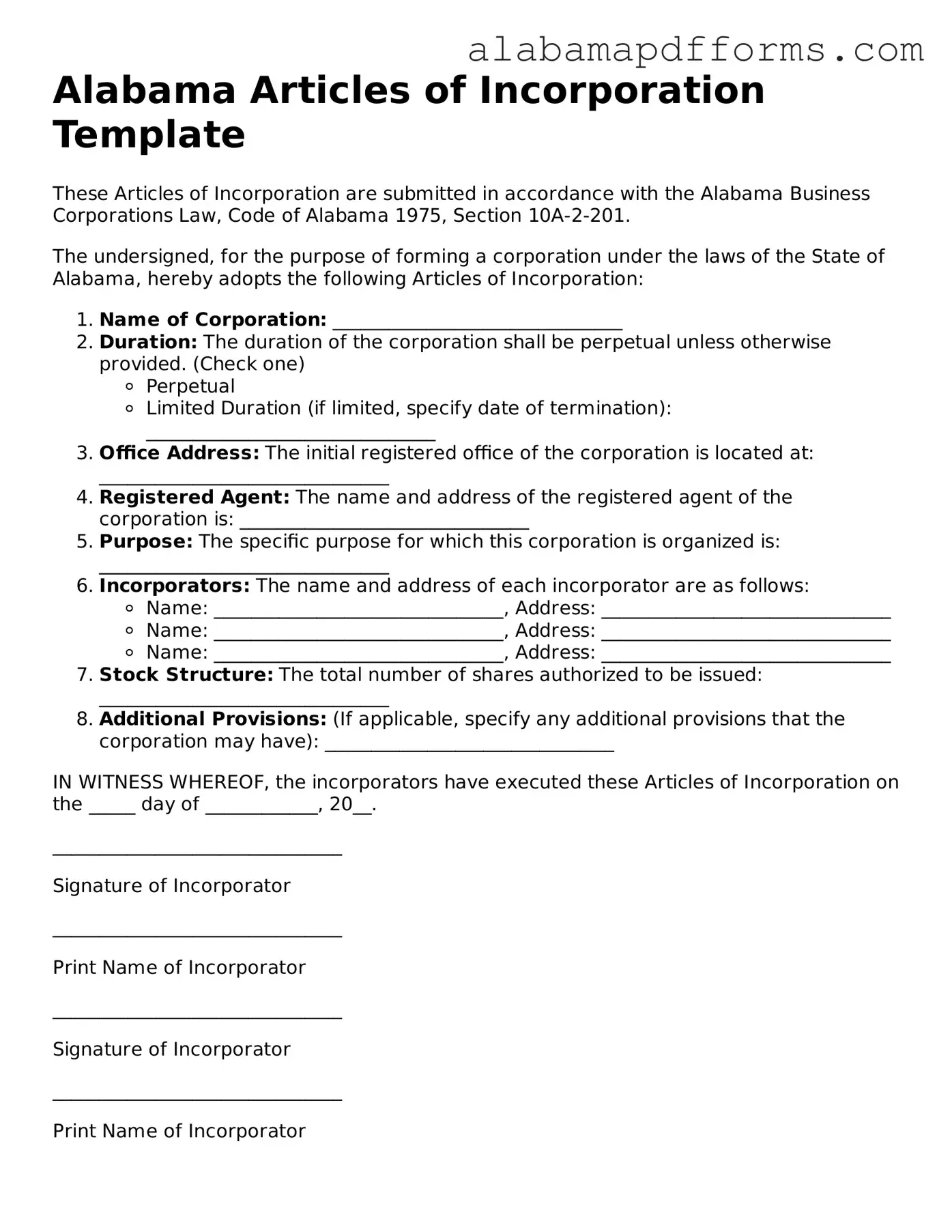 Legal Articles of Incorporation Document for the State of Alabama