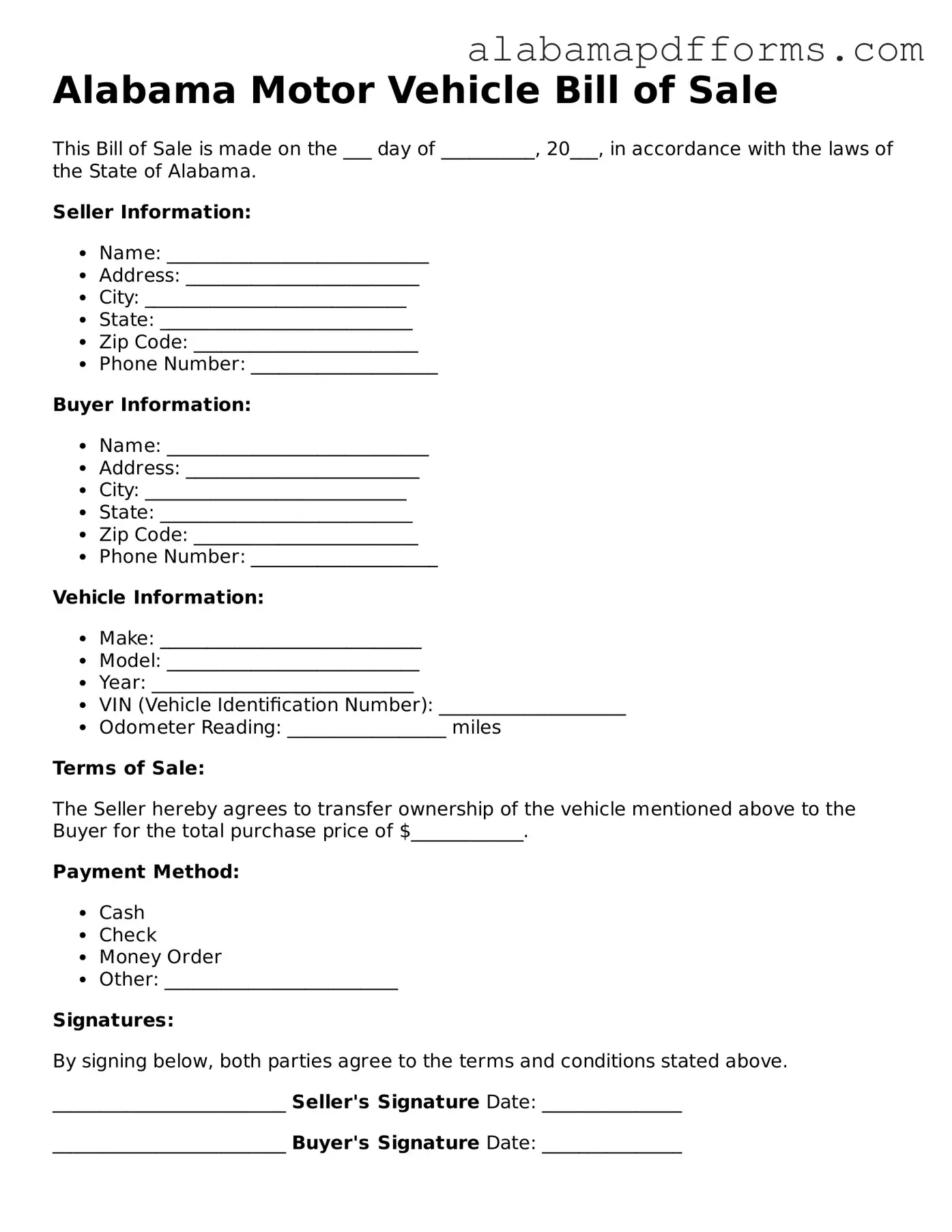 Legal Motor Vehicle Bill of Sale Document for the State of Alabama