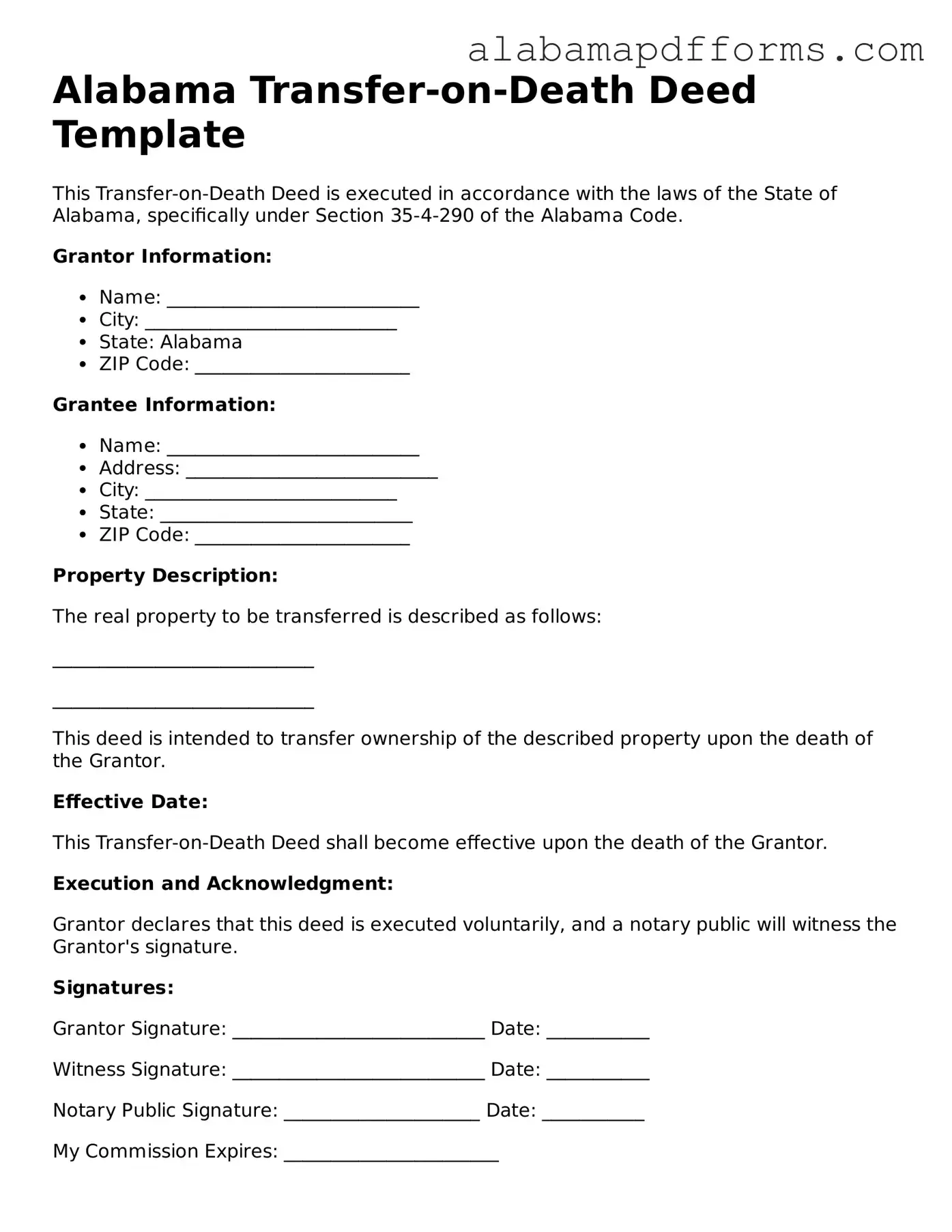 Legal Transfer-on-Death Deed Document for the State of Alabama
