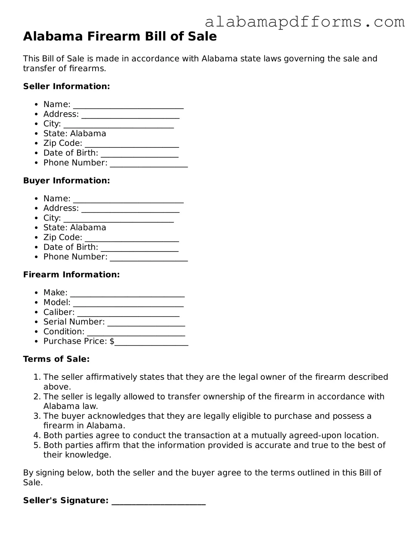 Legal Firearm Bill of Sale Document for the State of Alabama