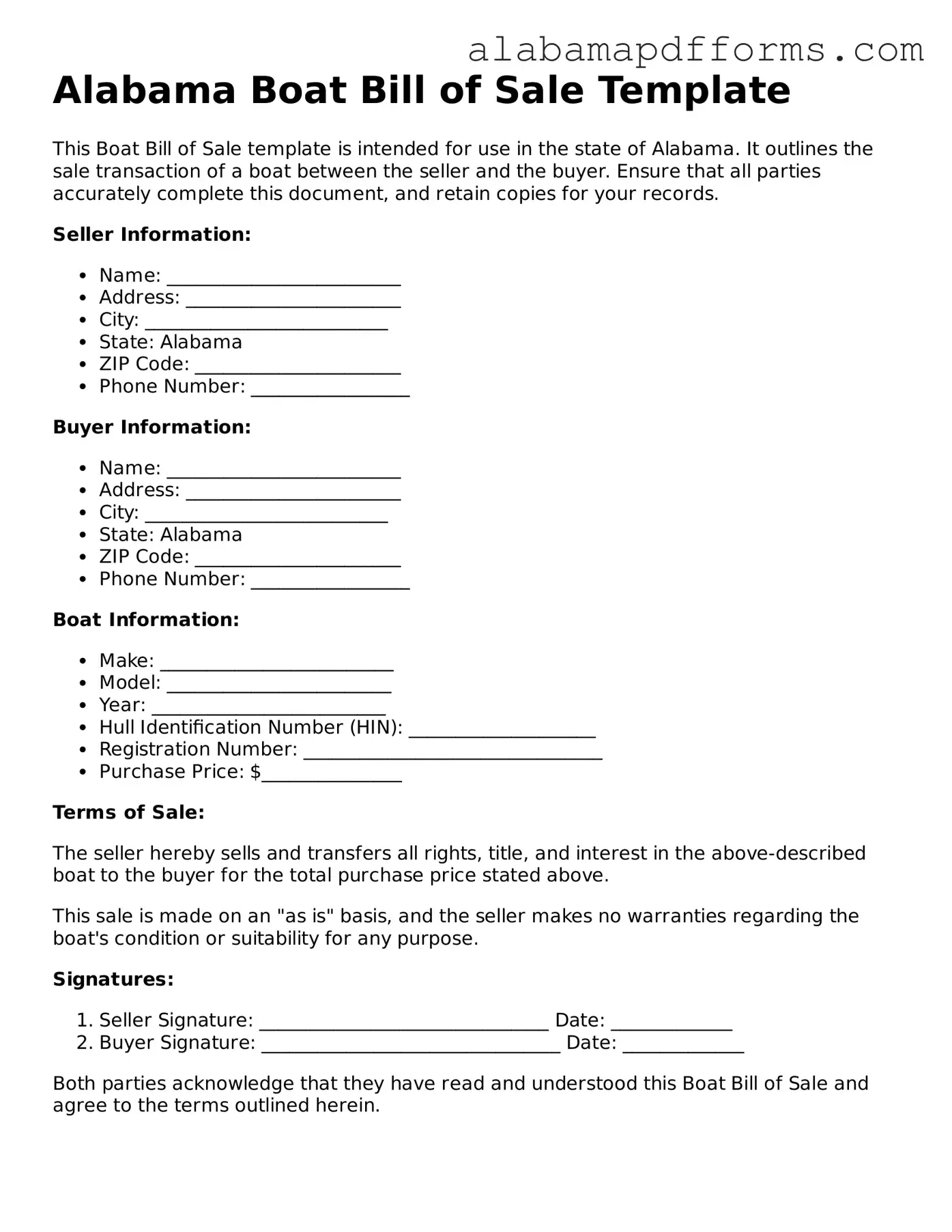 Legal Boat Bill of Sale Document for the State of Alabama