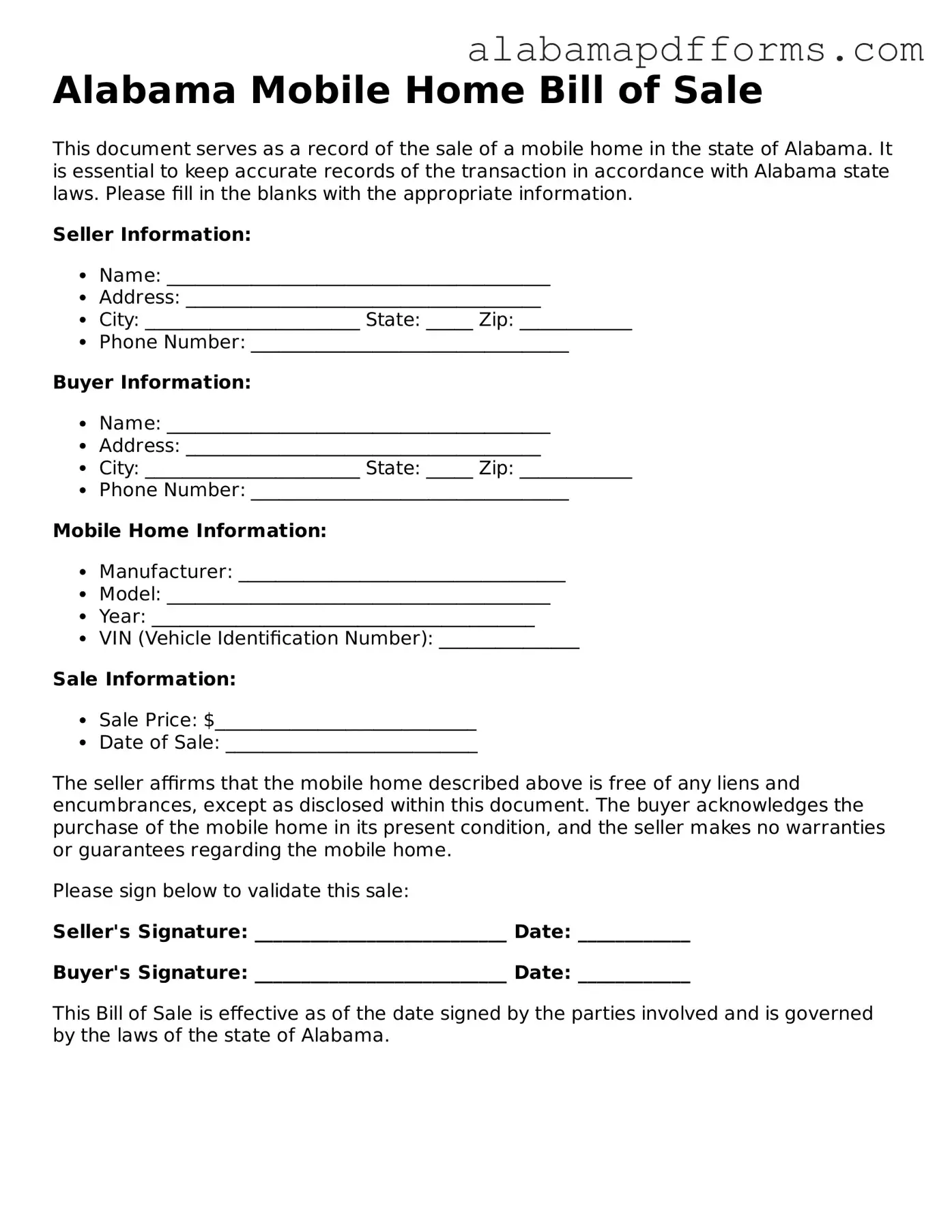 Legal Mobile Home Bill of Sale Document for the State of Alabama