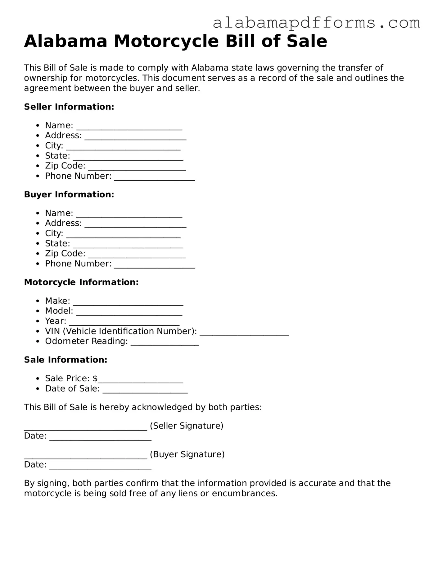 Legal Motorcycle Bill of Sale Document for the State of Alabama