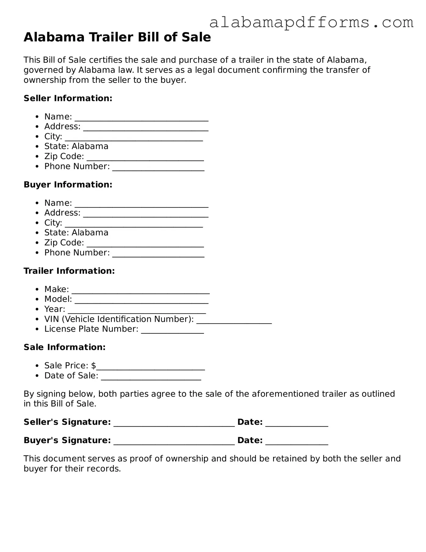 Legal Trailer Bill of Sale Document for the State of Alabama