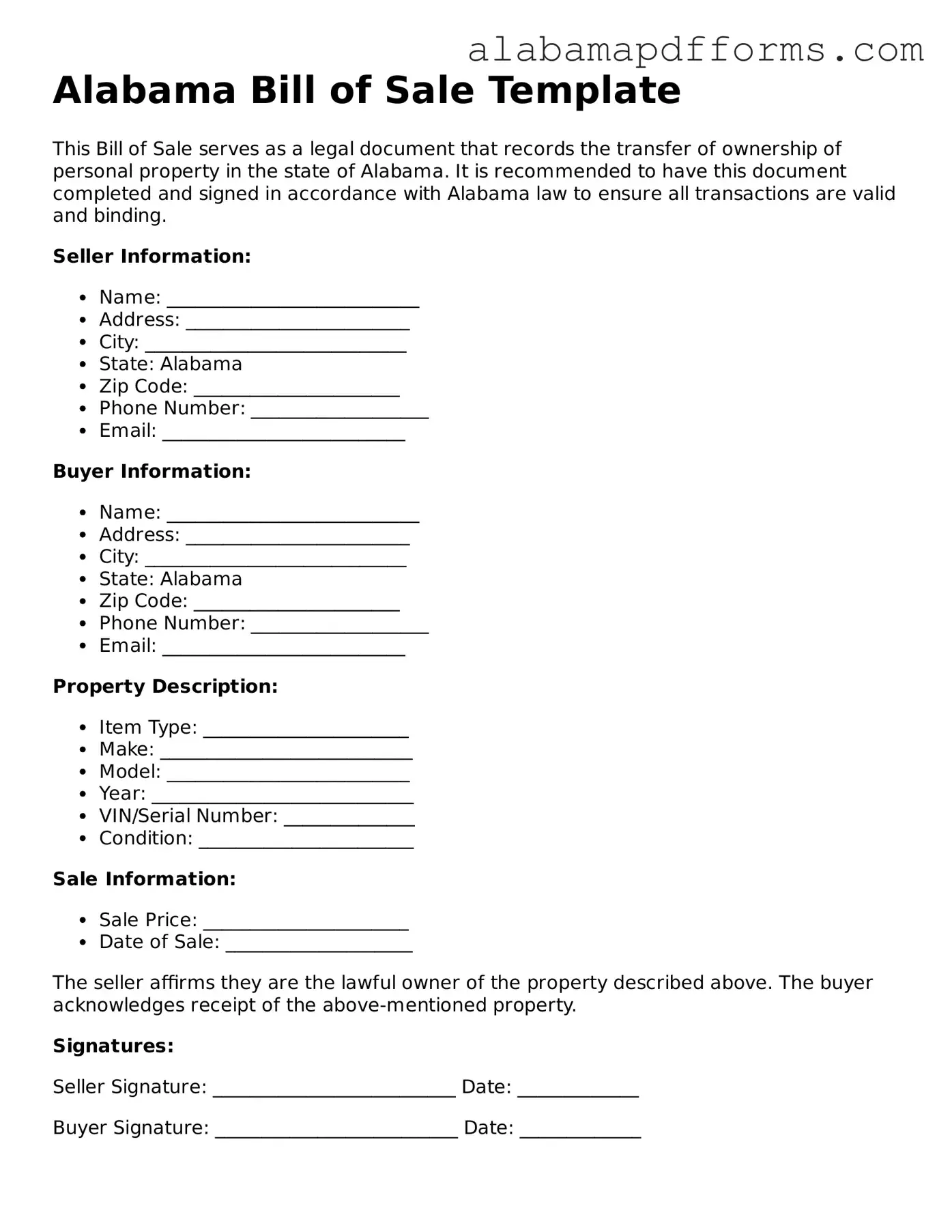 Legal Bill of Sale Document for the State of Alabama