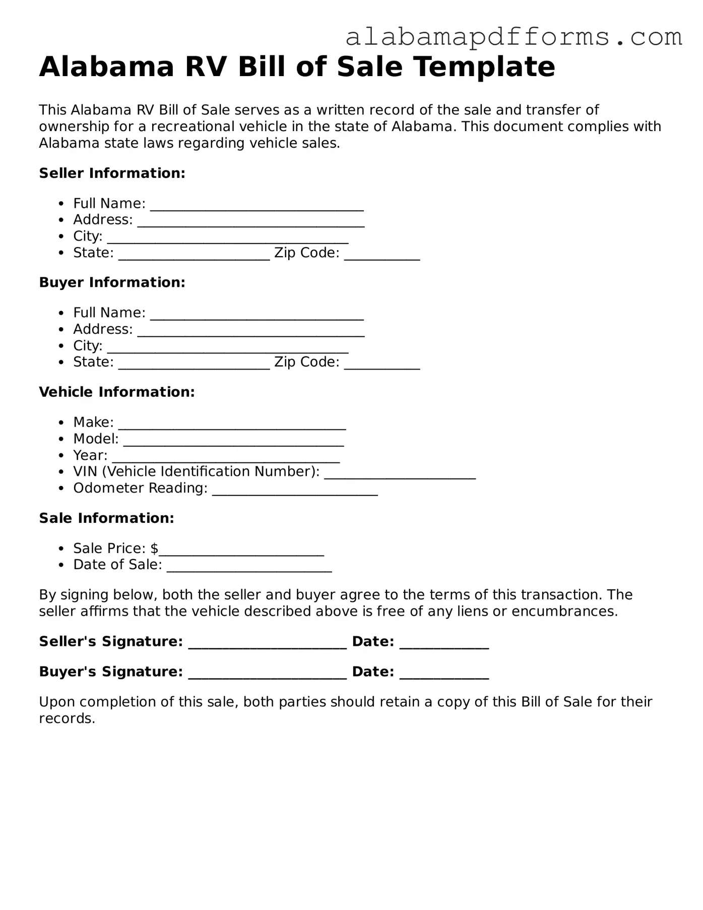 Legal RV Bill of Sale Document for the State of Alabama