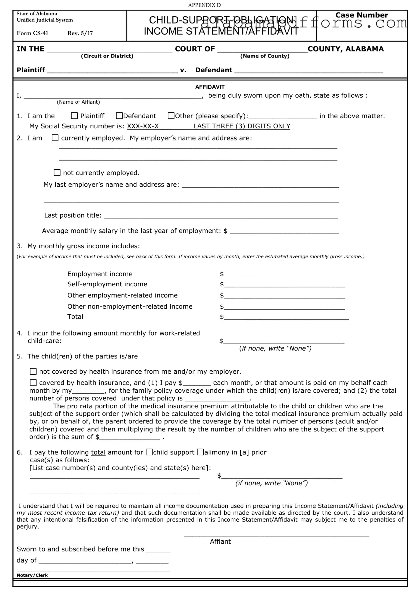 Fill Out a Valid Alabama Child Support Income Form