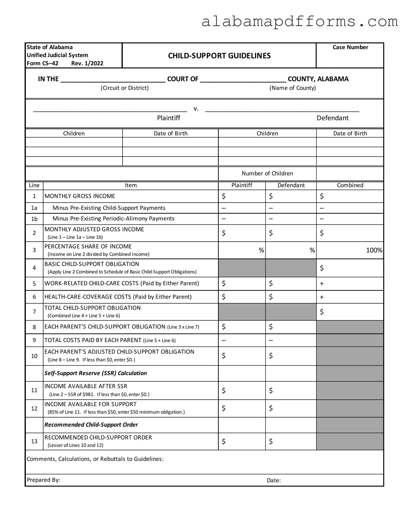 Fill Out a Valid Alabama Child Support Sheet Form