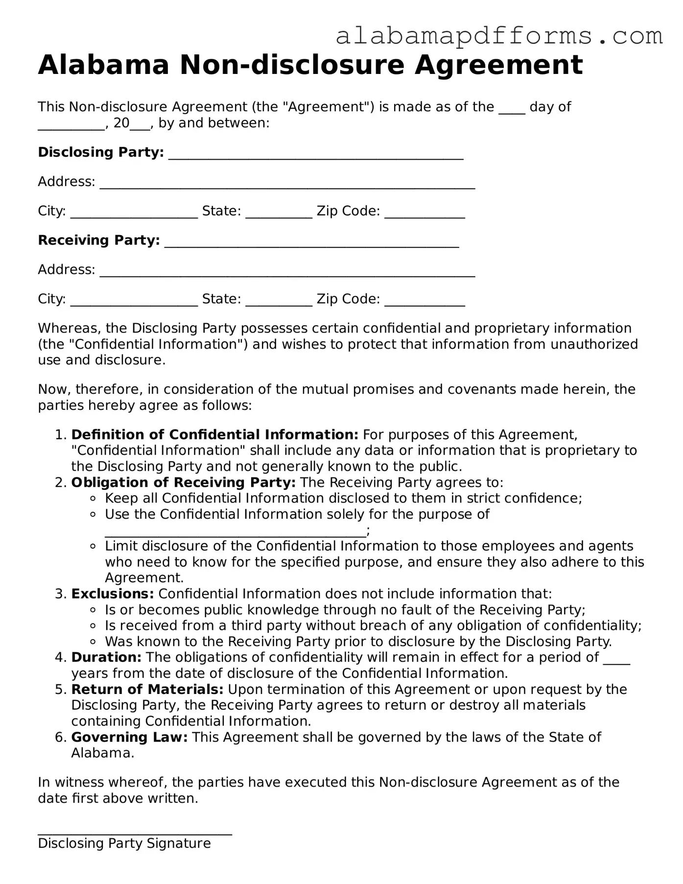 Legal Non-disclosure Agreement Document for the State of Alabama