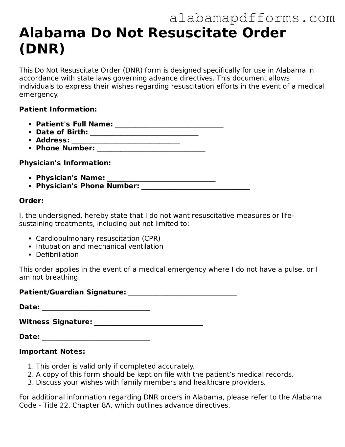 Legal Do Not Resuscitate Order Document for the State of Alabama