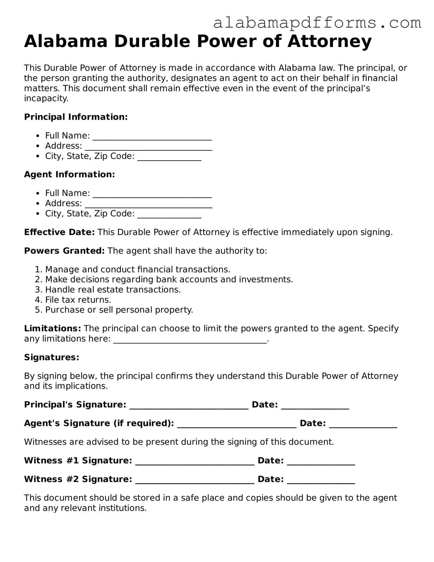 Legal Durable Power of Attorney Document for the State of Alabama