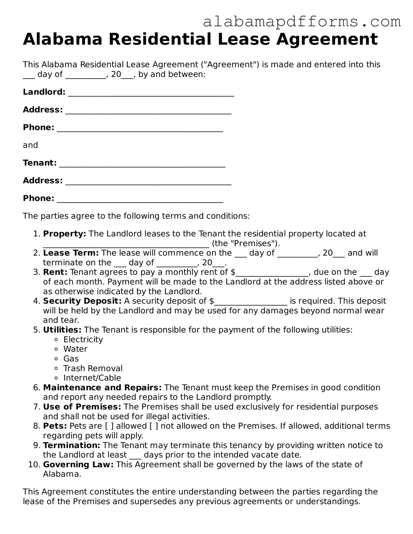 Legal Residential Lease Agreement Document for the State of Alabama