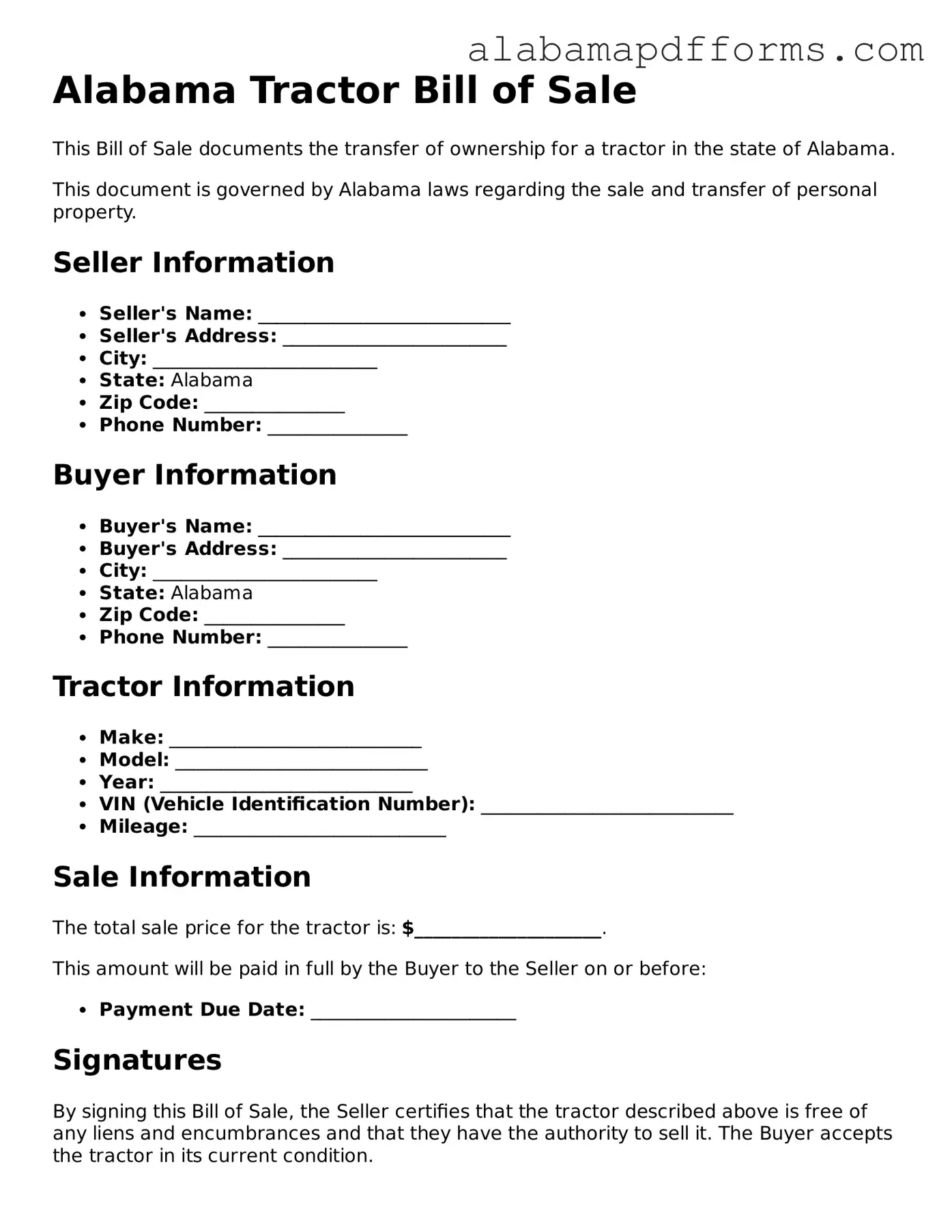 Legal Tractor Bill of Sale Document for the State of Alabama