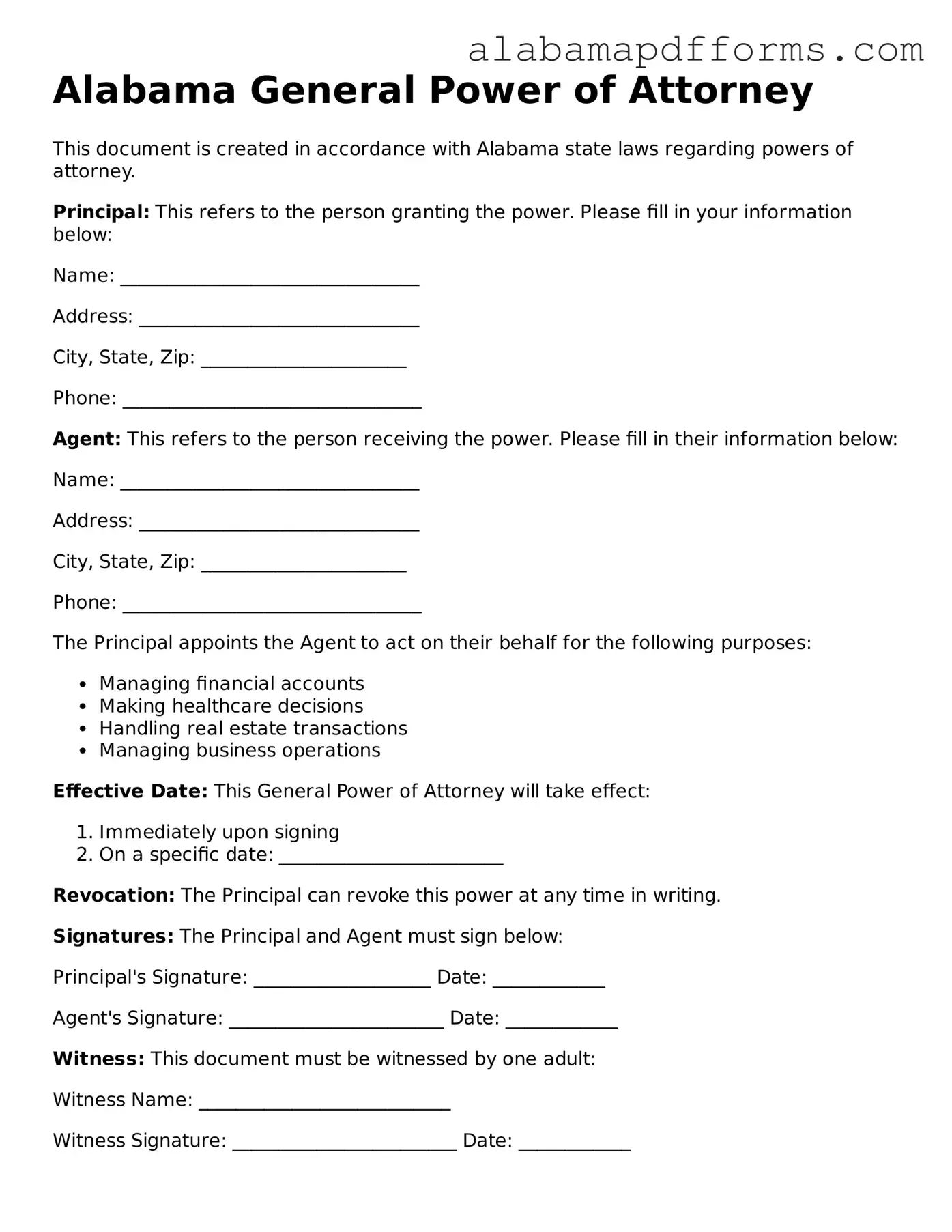 Legal General Power of Attorney Document for the State of Alabama