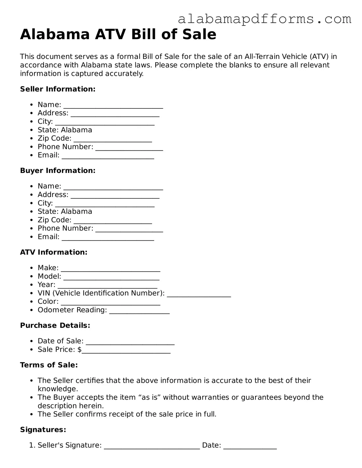 Legal ATV Bill of Sale Document for the State of Alabama