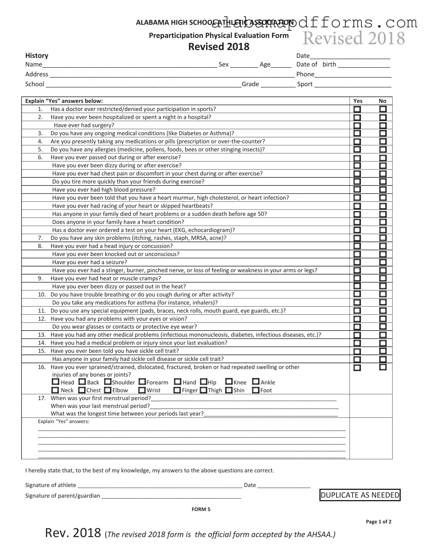 Fill Out a Valid Alabama High School Physical Form