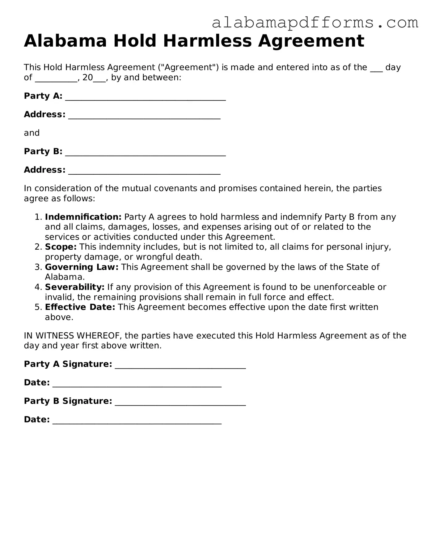 Legal Hold Harmless Agreement Document for the State of Alabama