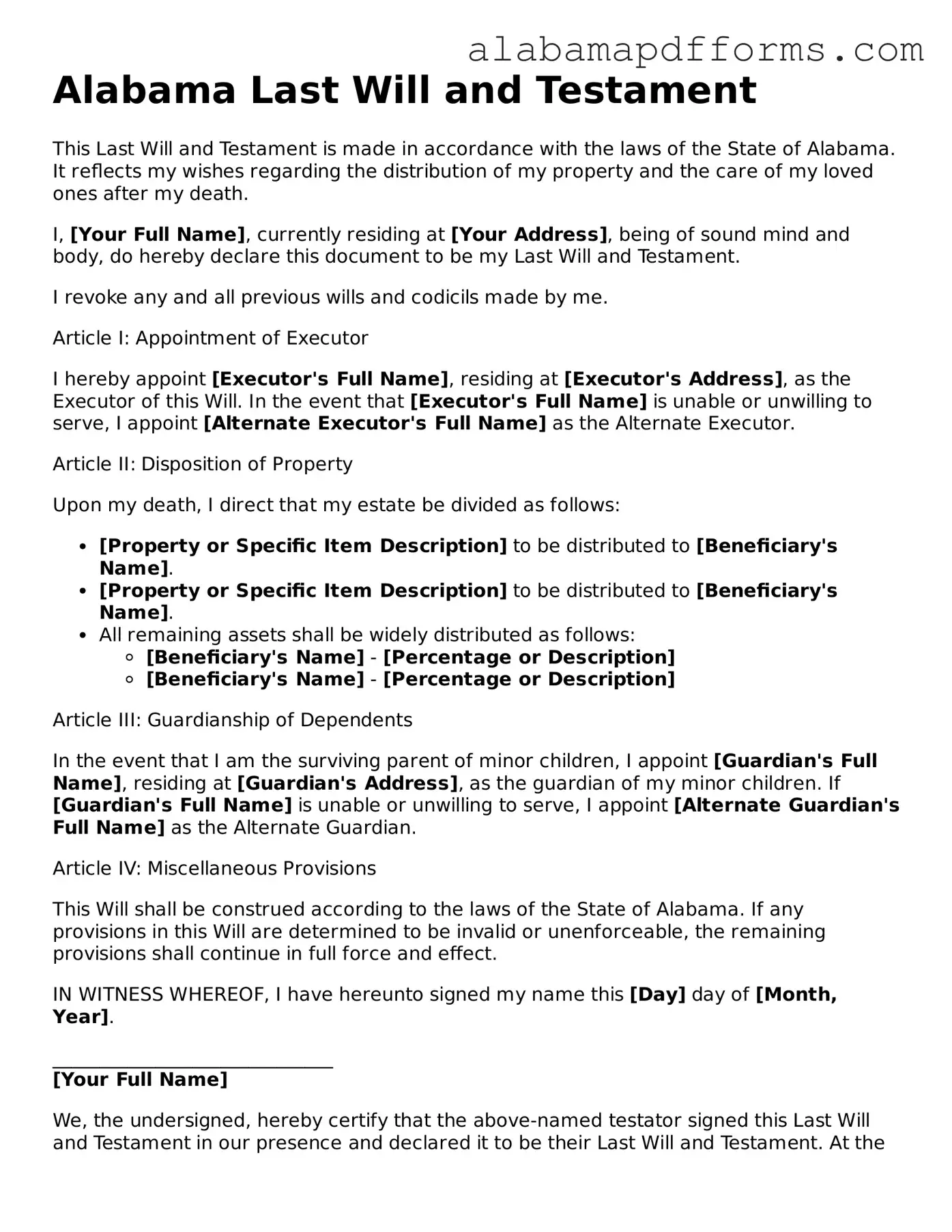 Legal Last Will and Testament Document for the State of Alabama