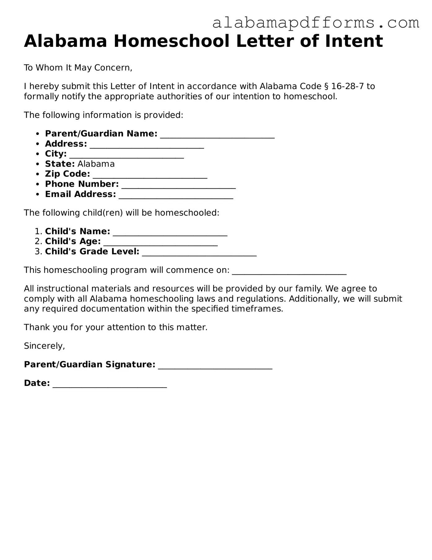 Legal Homeschool Letter of Intent Document for the State of Alabama
