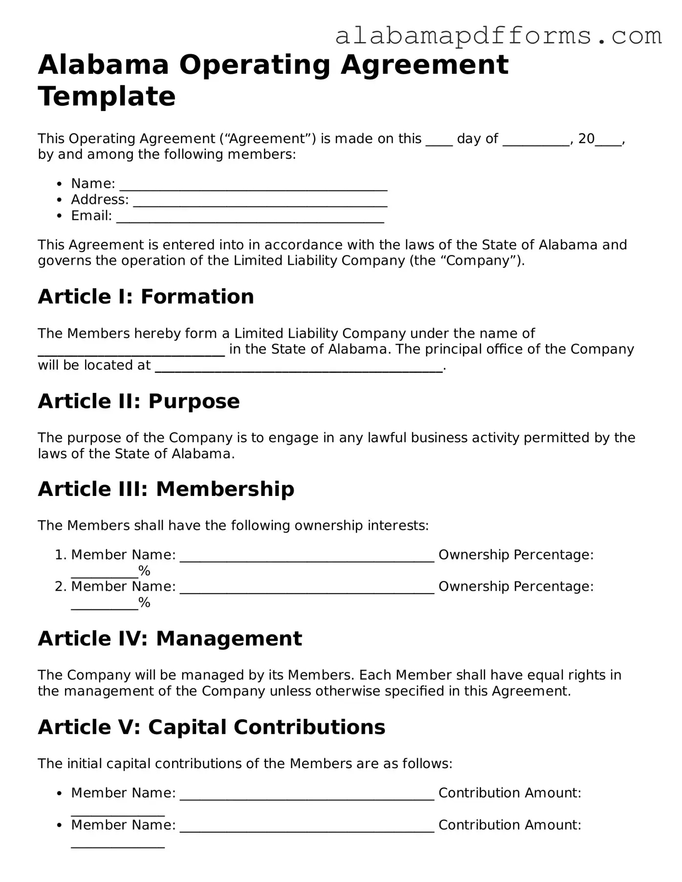 Legal Operating Agreement Document for the State of Alabama