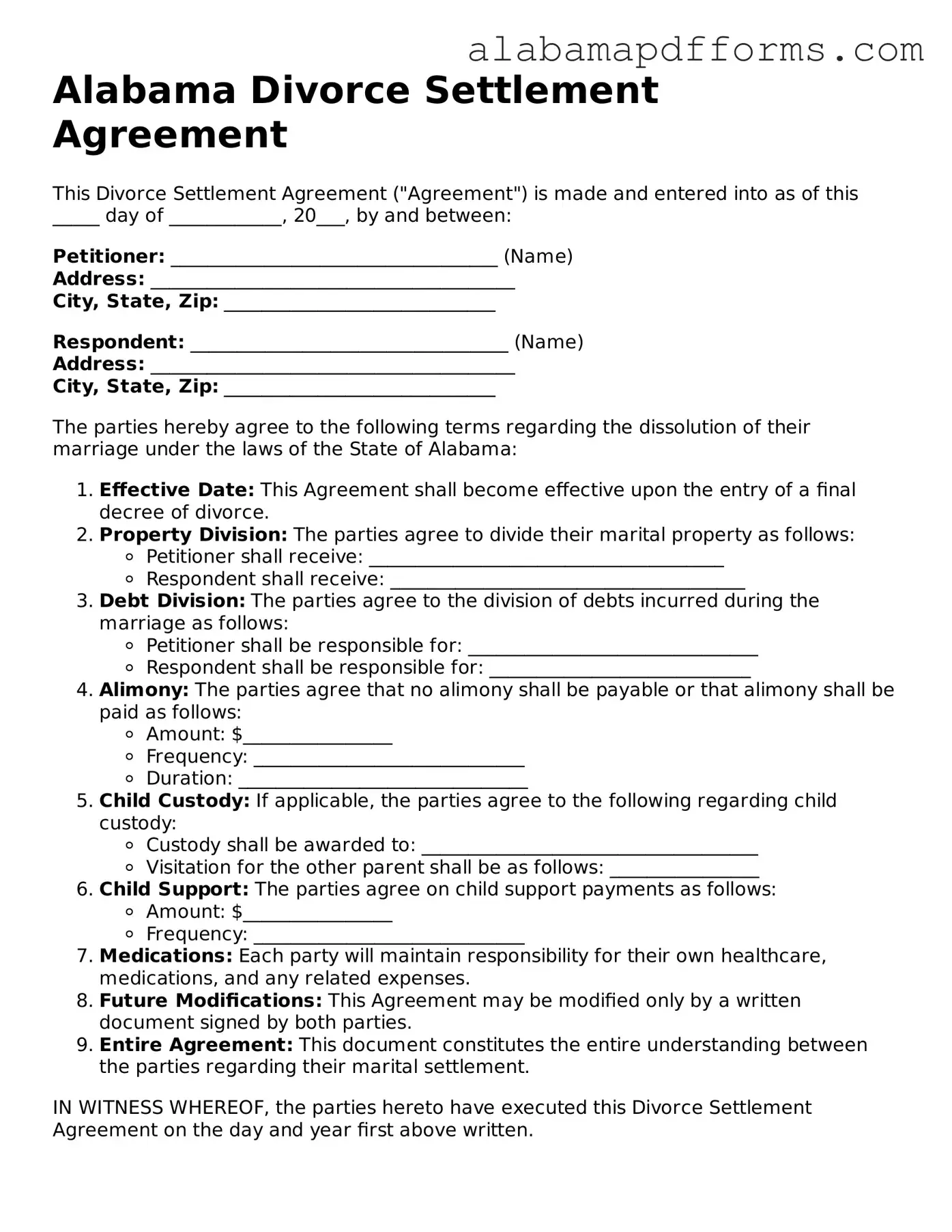 Legal Divorce Settlement Agreement Document for the State of Alabama