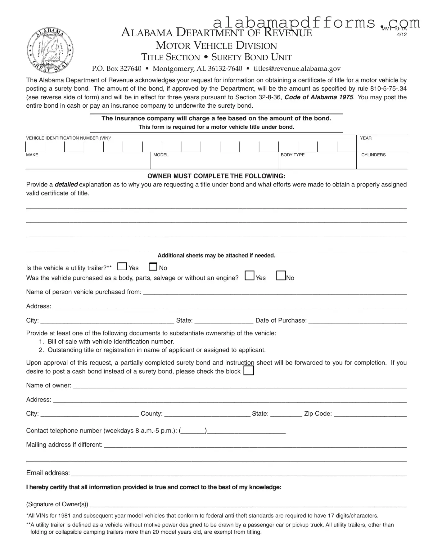 Fill Out a Valid Alabama Mvt 10 1A Form