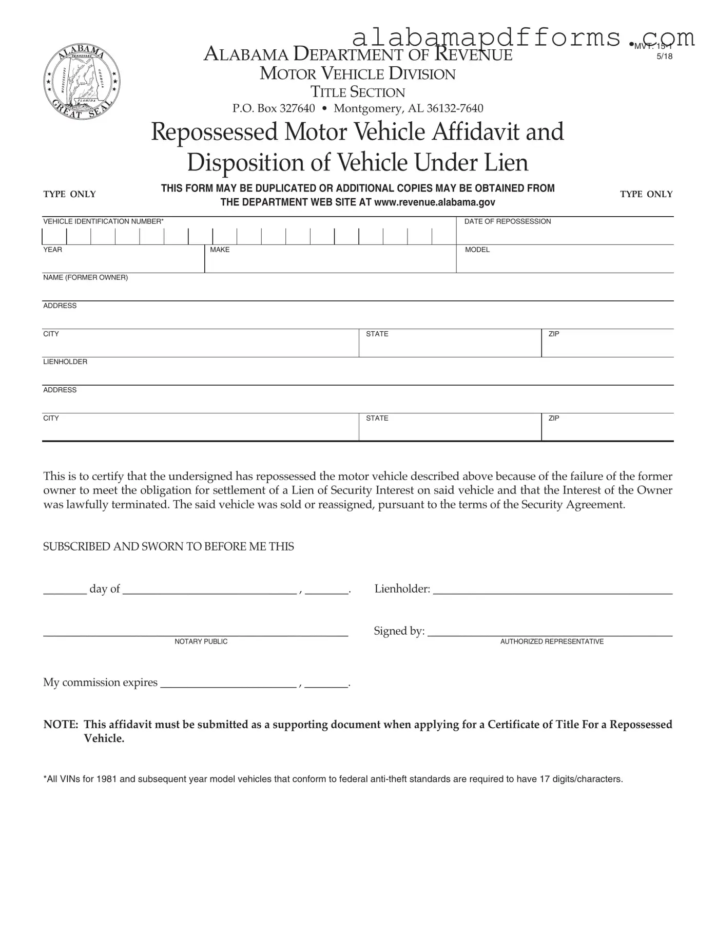 Fill Out a Valid Alabama Mvt 15 1 Form