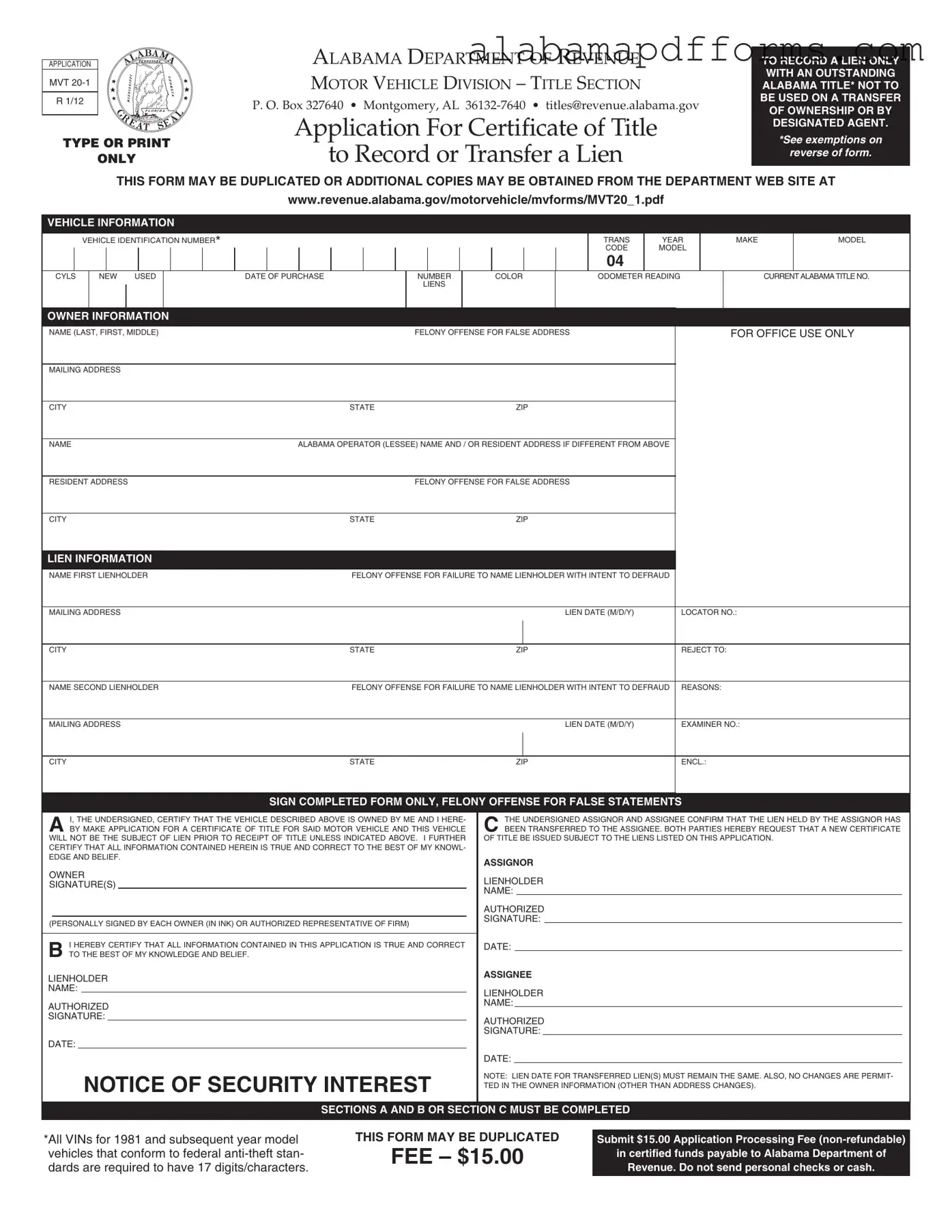 Fill Out a Valid Alabama Mvt 20 1 Form