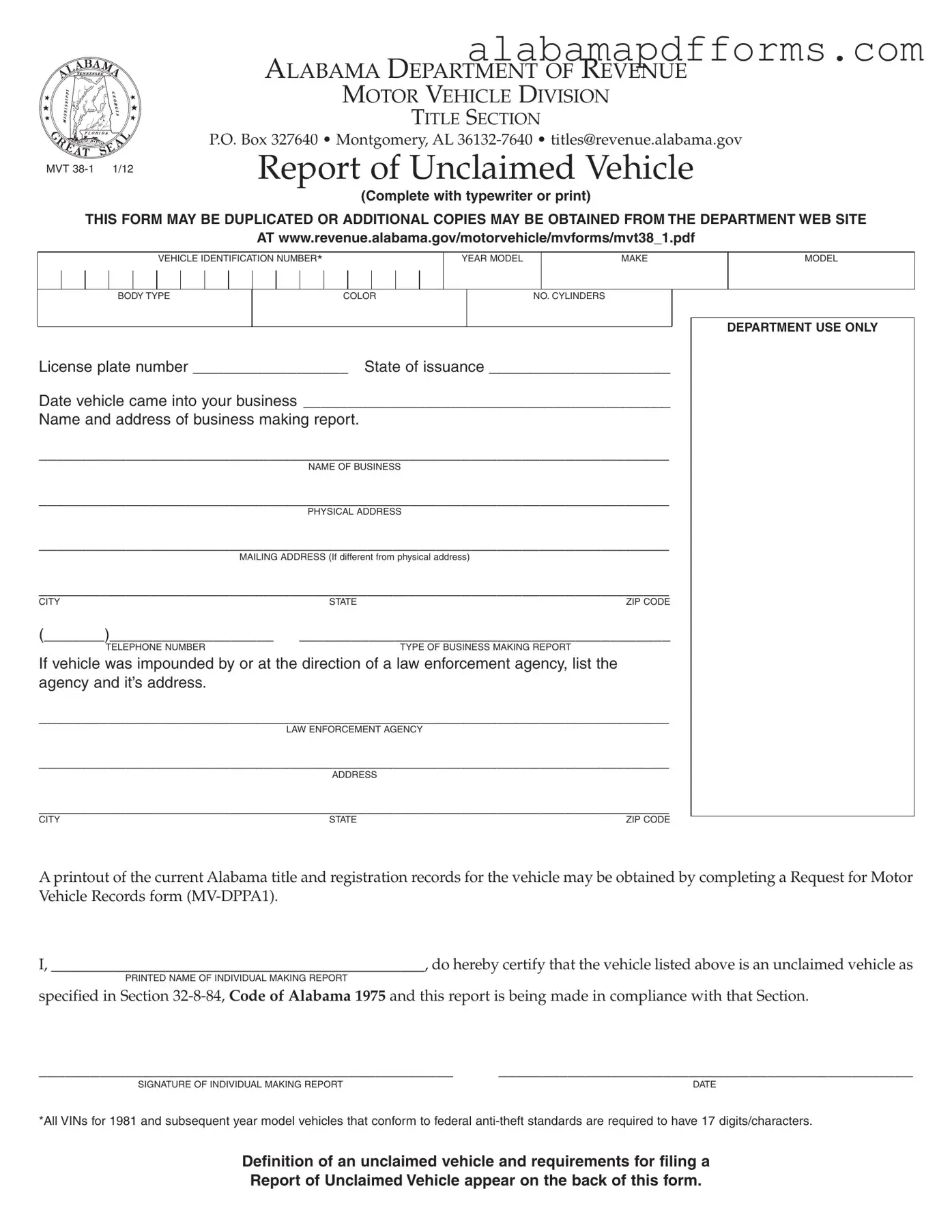 Fill Out a Valid Alabama Mvt 38 1 Form