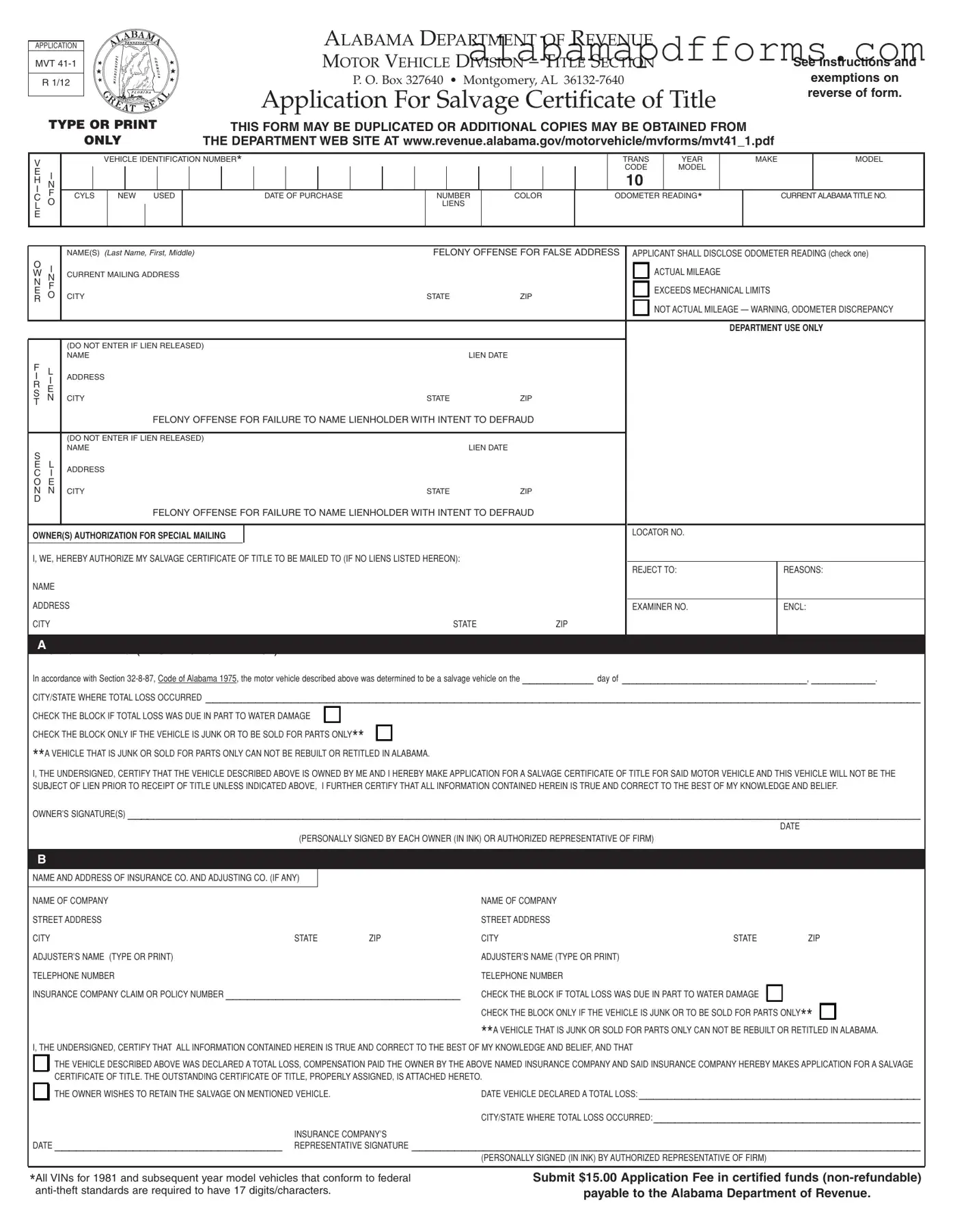 Fill Out a Valid Alabama Mvt 41 1 Form
