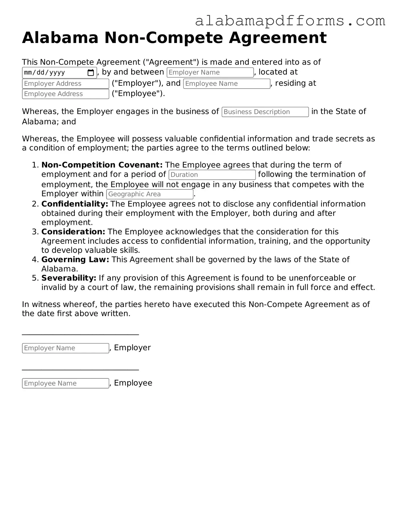 Legal Non-compete Agreement Document for the State of Alabama