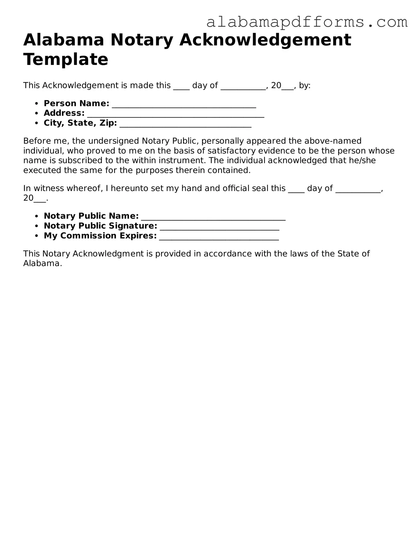 Legal Notary Acknowledgement Document for the State of Alabama