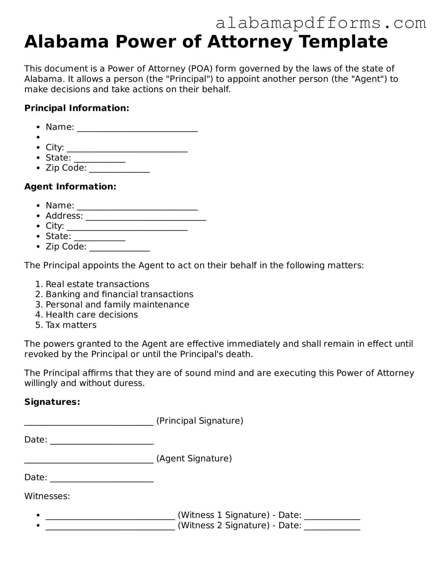 Legal Power of Attorney Document for the State of Alabama