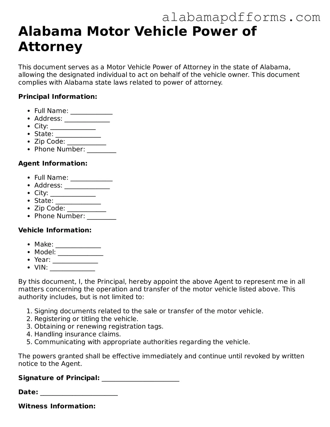 Legal Motor Vehicle Power of Attorney Document for the State of Alabama