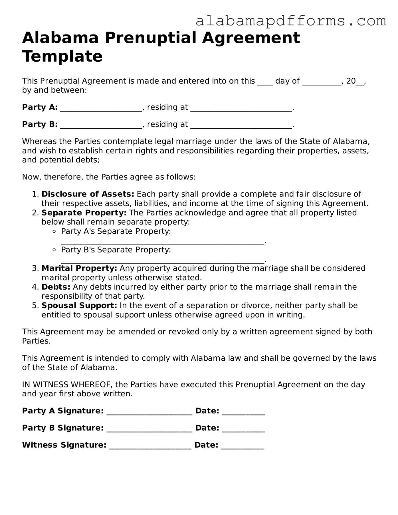 Legal Prenuptial Agreement Document for the State of Alabama