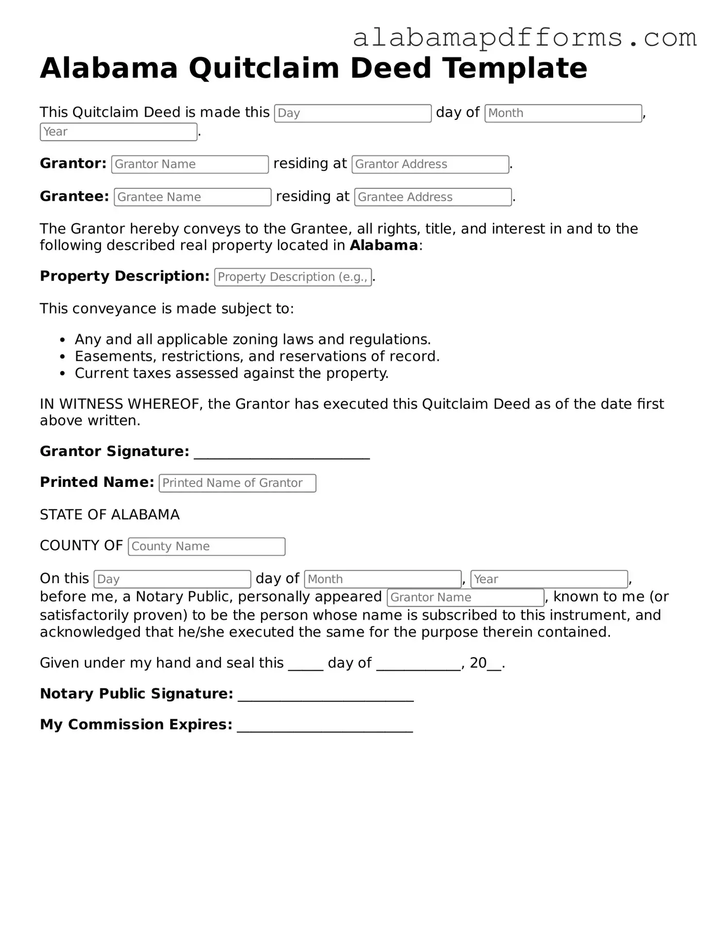 Legal Quitclaim Deed Document for the State of Alabama
