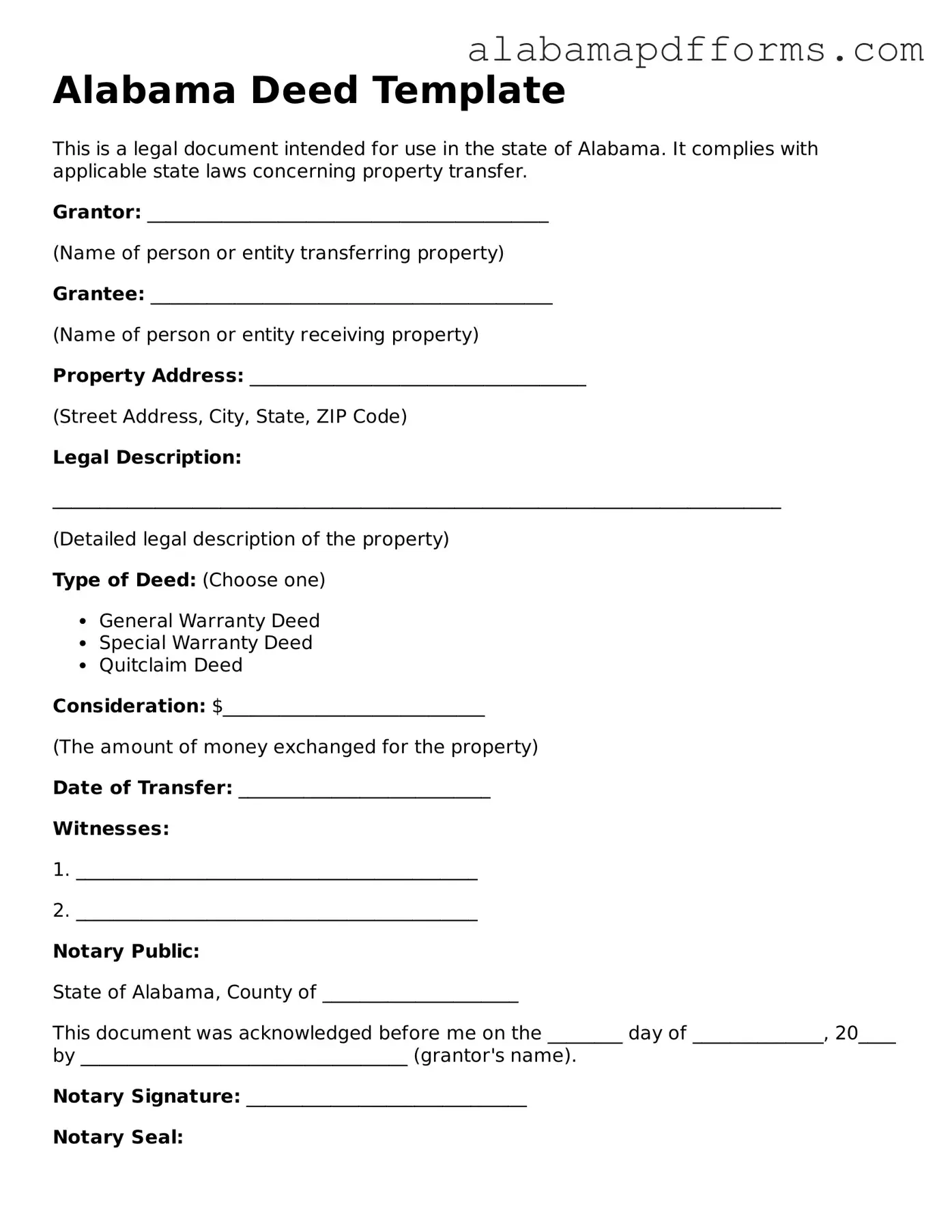 Legal Deed Document for the State of Alabama