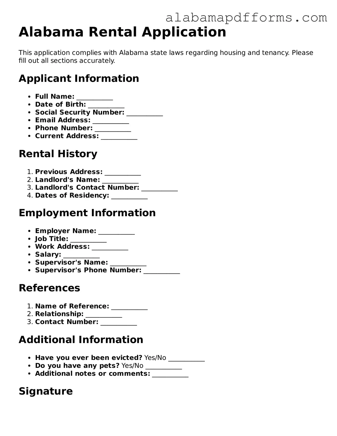 Legal Rental Application Document for the State of Alabama