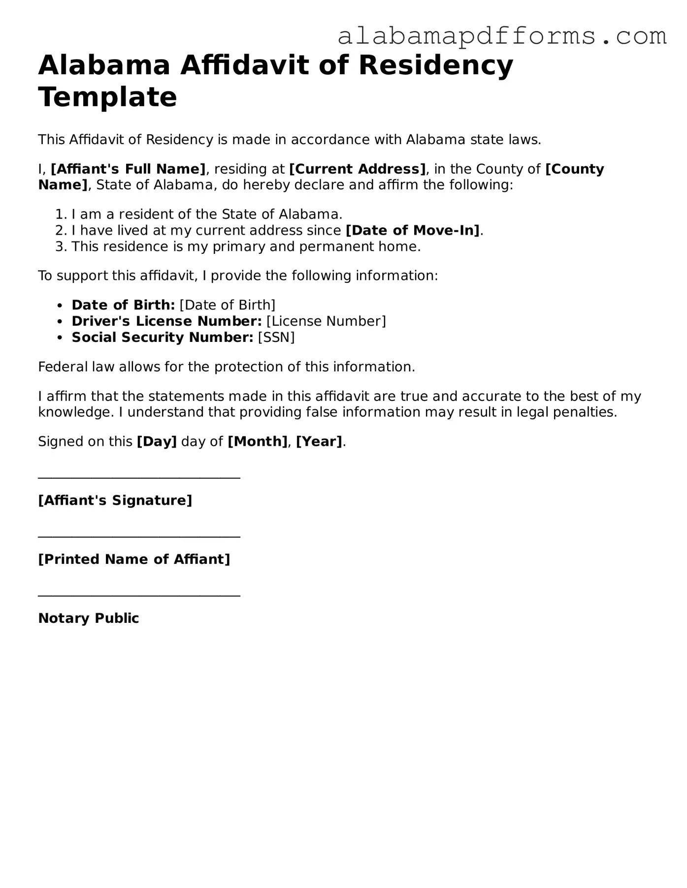 Legal Affidavit of Residency Document for the State of Alabama