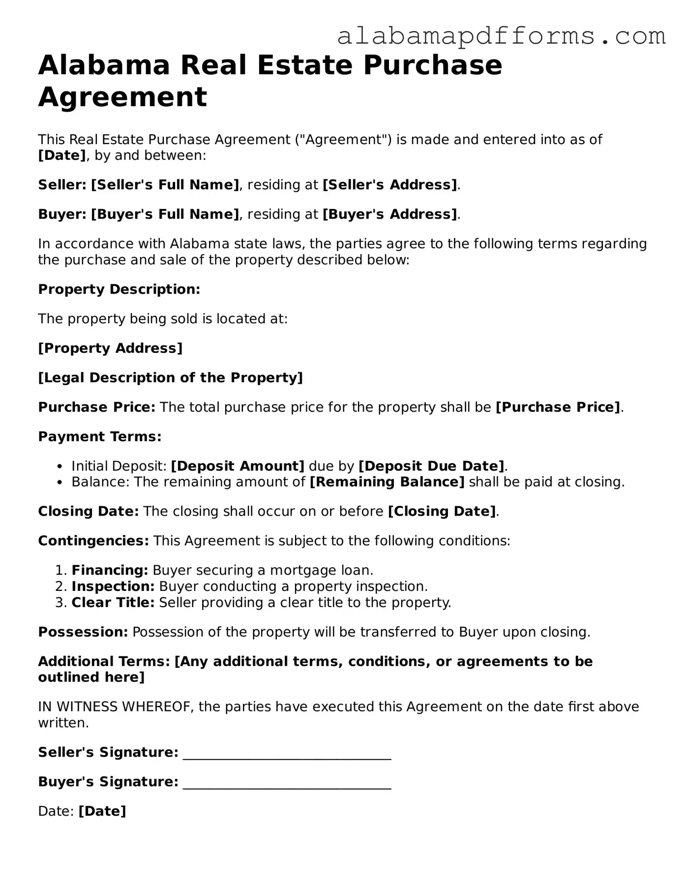 Legal Real Estate Purchase Agreement Document for the State of Alabama