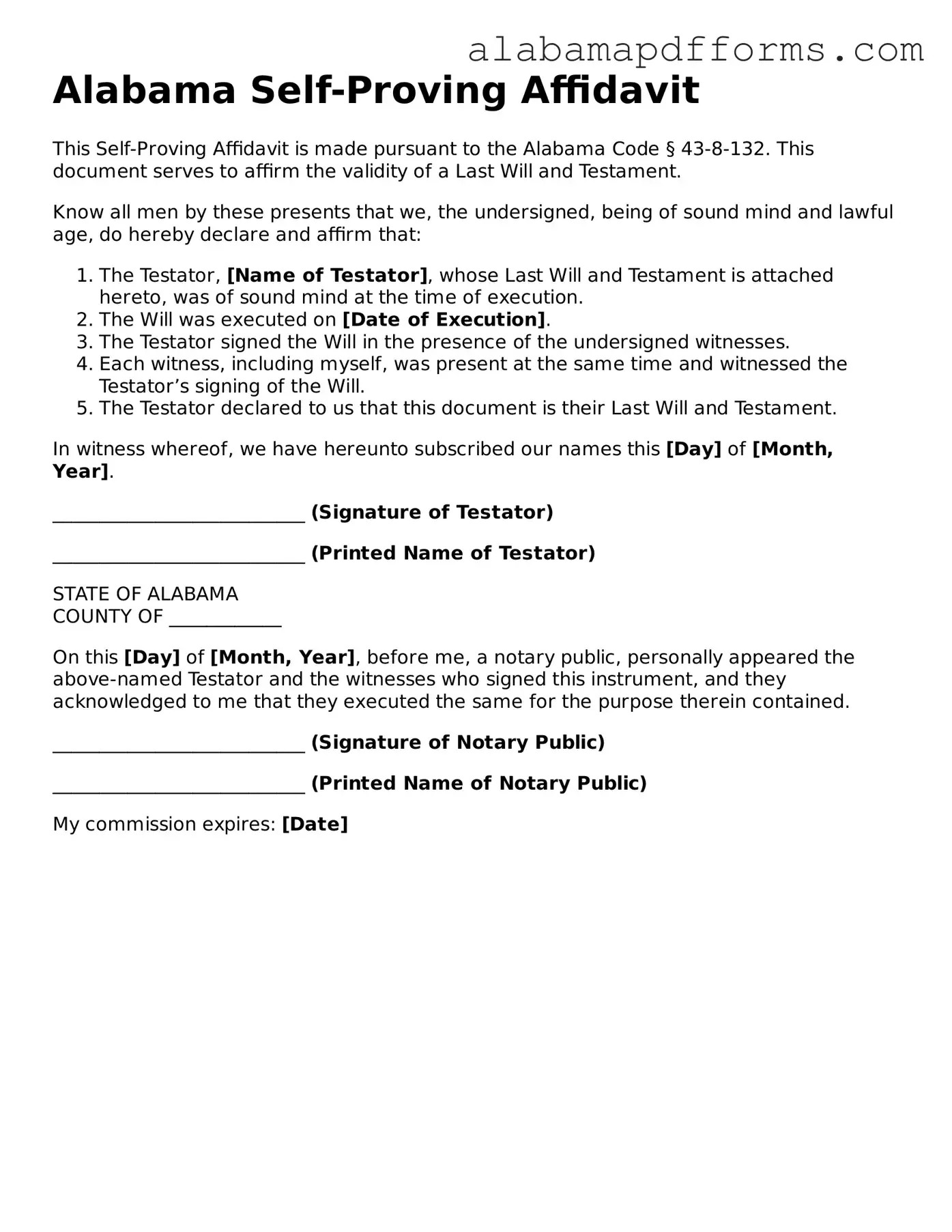 Legal Self-Proving Affidavit Document for the State of Alabama