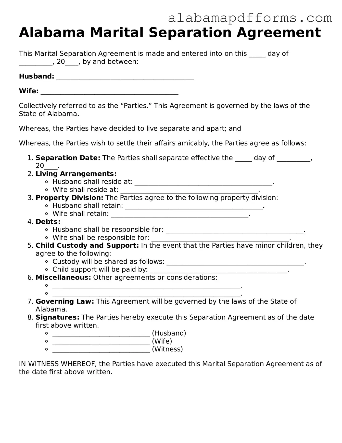 Legal Marital Separation Agreement Document for the State of Alabama