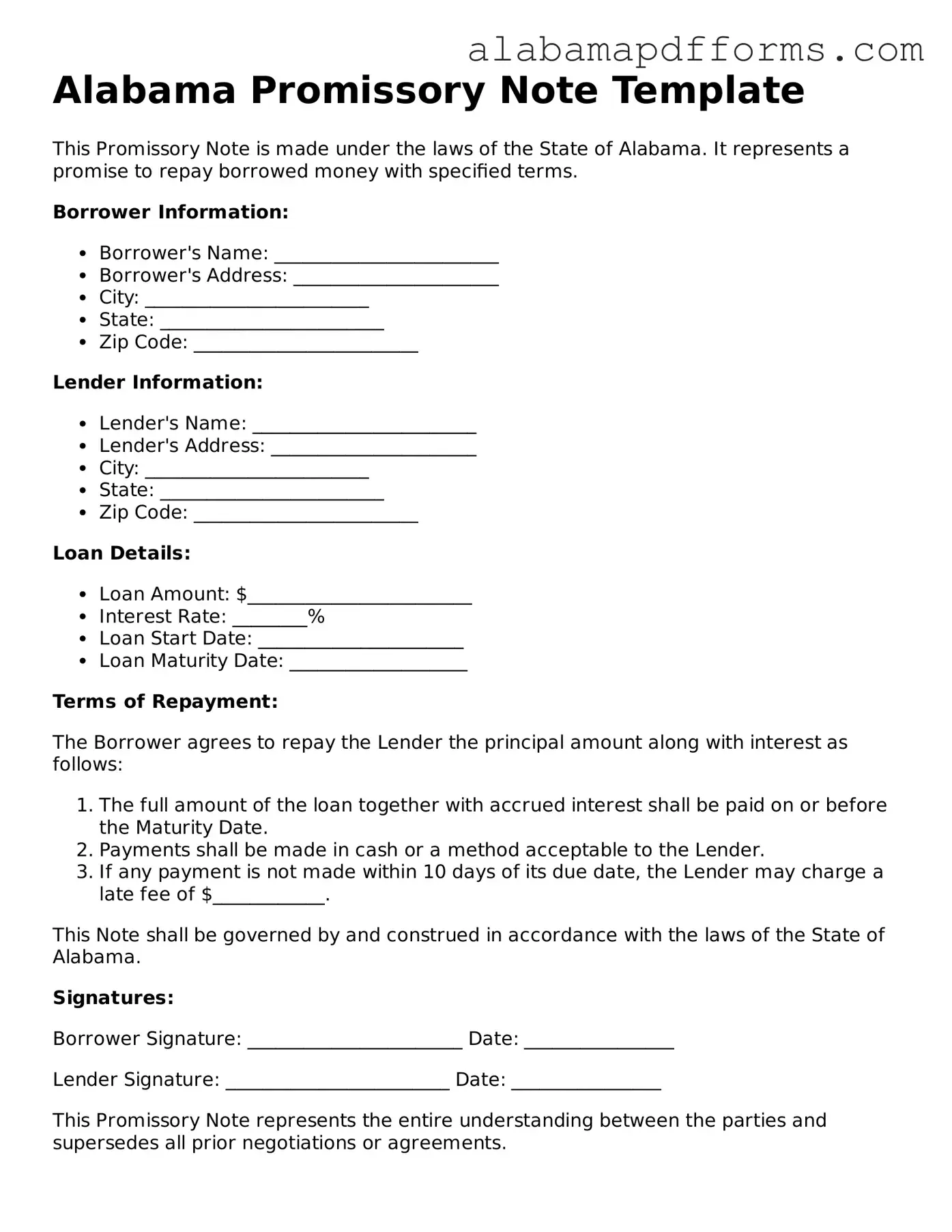 Legal Promissory Note Document for the State of Alabama