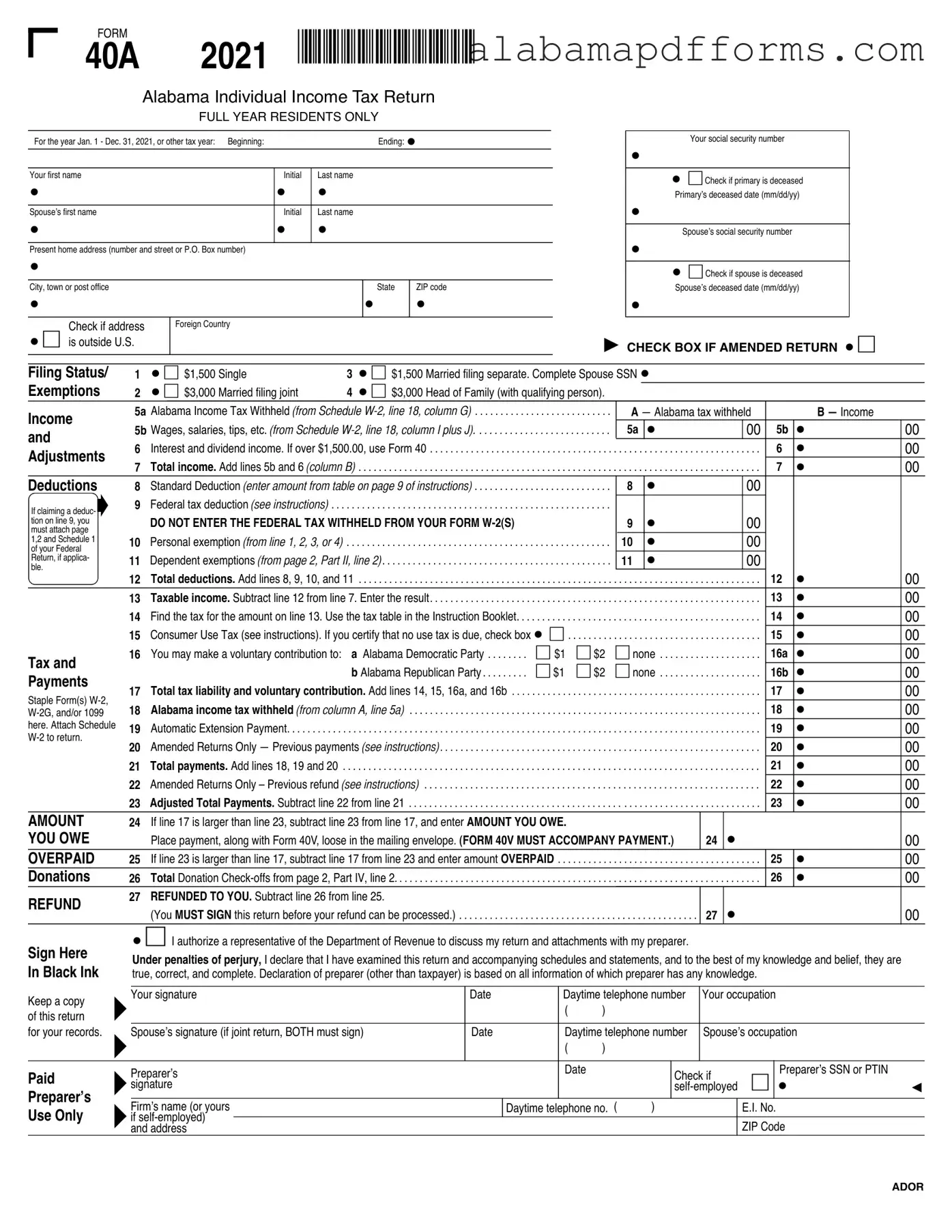 Fill Out a Valid Alabama State Tax Return 40A Form