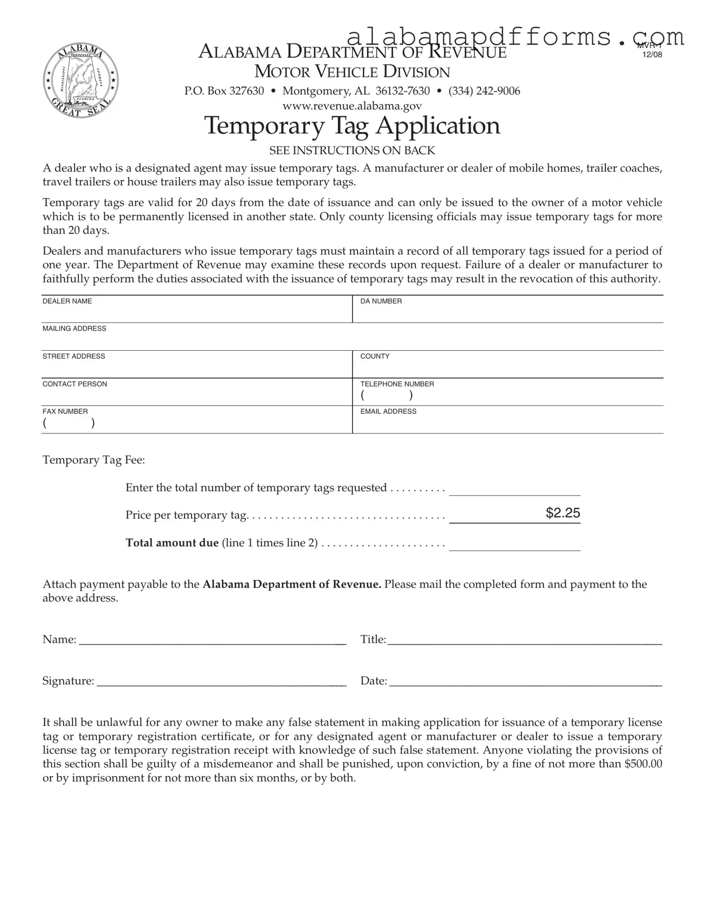 Fill Out a Valid Alabama Temporary Tag Application Form