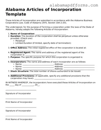 Legal Articles of Incorporation Document for the State of Alabama