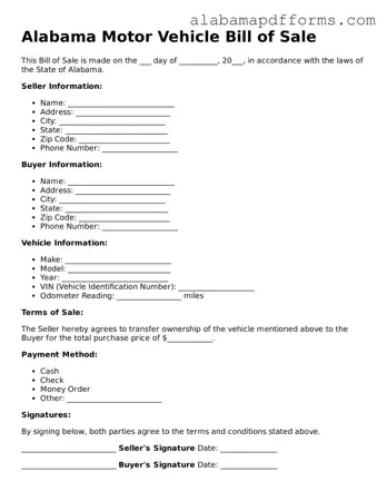 Legal Motor Vehicle Bill of Sale Document for the State of Alabama