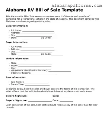 Legal RV Bill of Sale Document for the State of Alabama